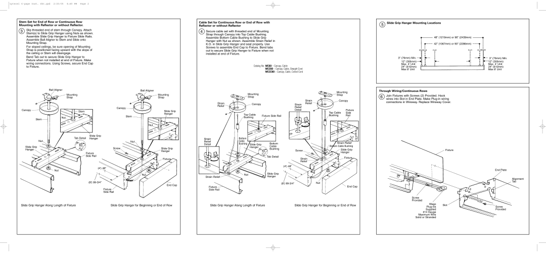 Lightolier Lytecel Linear Surface/Pendant And Electrical Feed dimensions Slide Grip Hanger Mounting Locations 