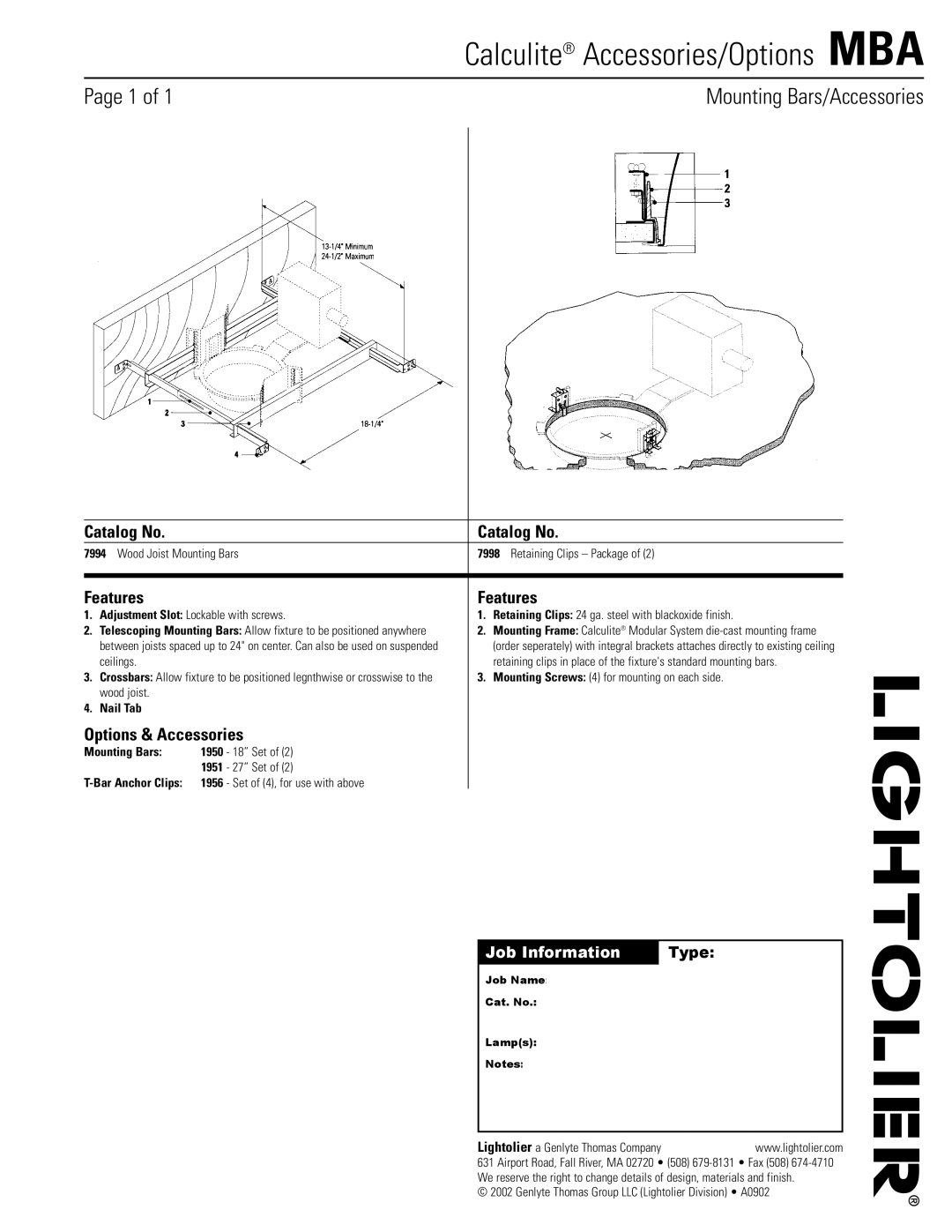 Lightolier manual Calculite Accessories/Options MBA, Catalog No, Features, Options & Accessories 