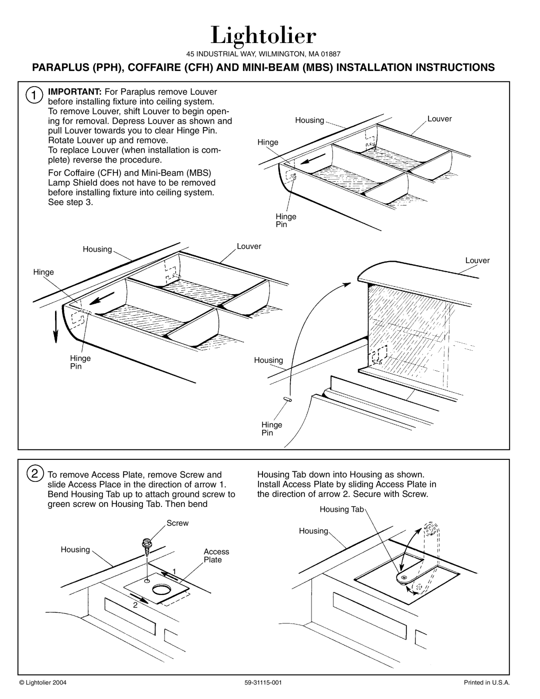 Lightolier CFH, MBS, PPH installation instructions Lightolier, Ing for removal. Depress Louver as shown 