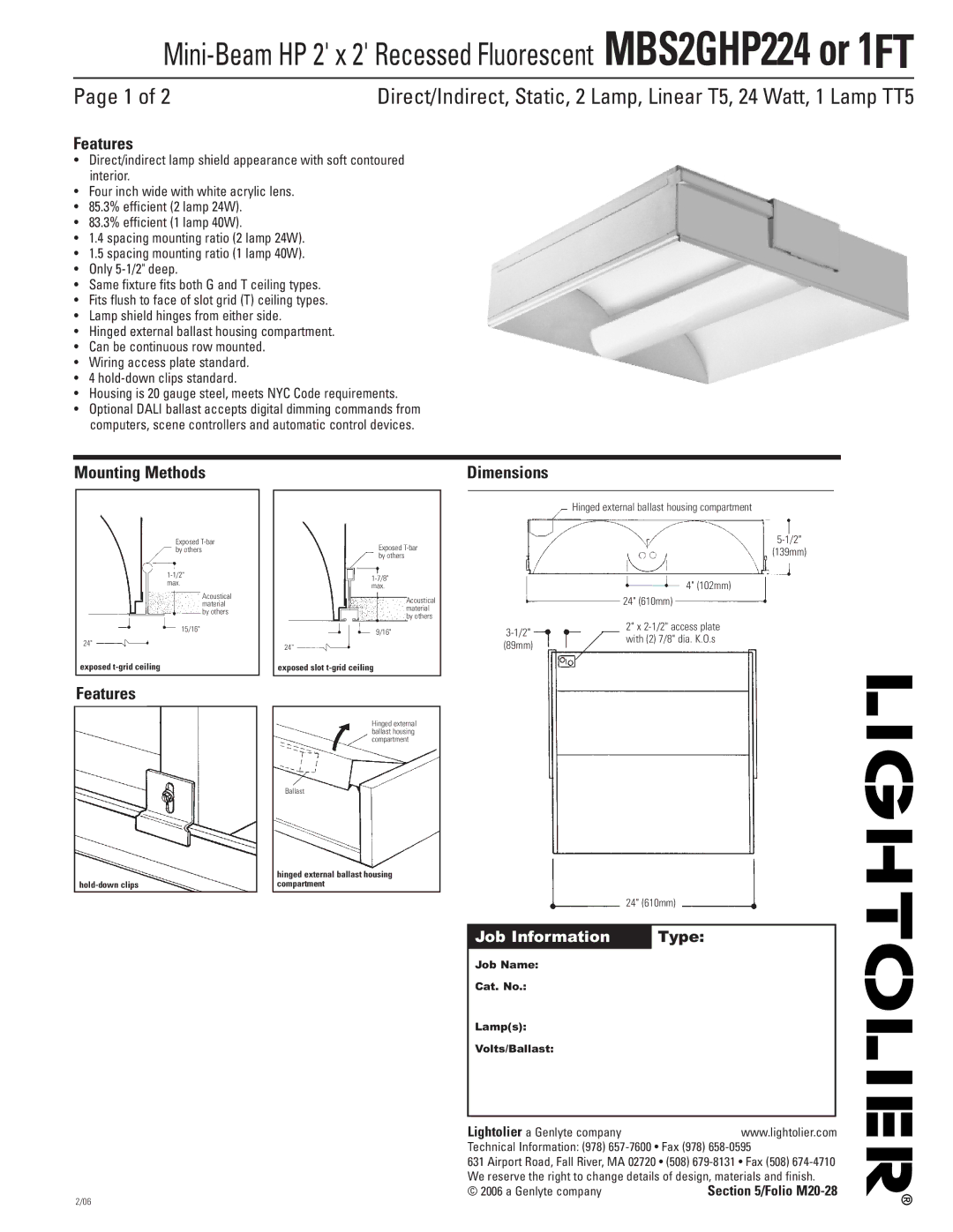 Lightolier MBS2GHP224, MBS2GHP1FT dimensions Features, Mounting Methods, Dimensions 