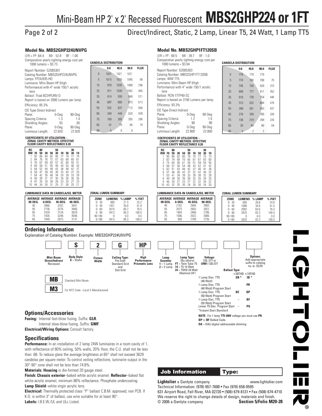 Lightolier MBS2GHP1FT, MBS2GHP224 dimensions Ordering Information, Options/Accessories, Specifications 