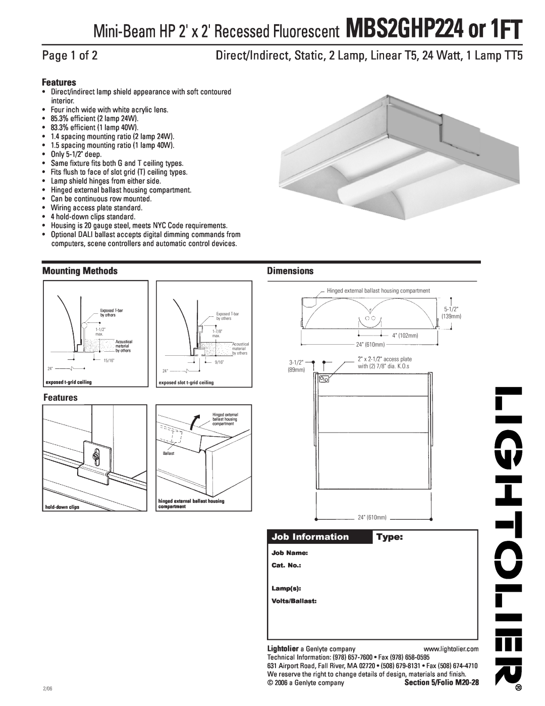 Lightolier MBS2GHP224, MBS2GHP1FT dimensions Page 1 of, Features, Mounting Methods, Dimensions, Job Information, Type 