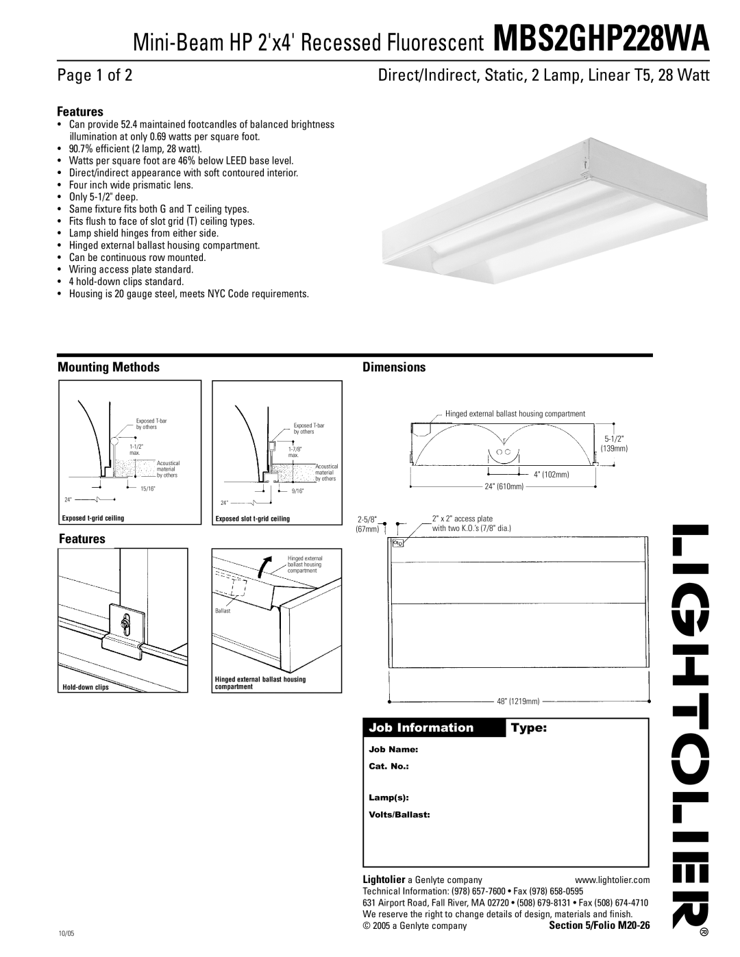 Lightolier dimensions Mini-BeamHP 2x4 Recessed Fluorescent MBS2GHP228WA, Page 1 of, Features, Mounting Methods, Type 