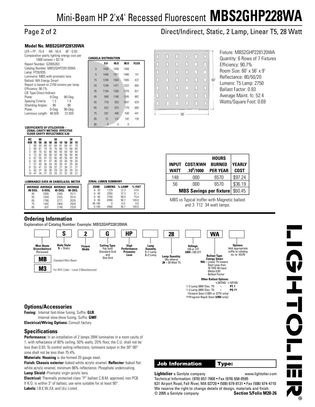 Lightolier MBS2GHP228WA Page 2 of, Ordering Information, Options/Accessories, Specifications, Hours, Input, Cost/Kwh, Watt 