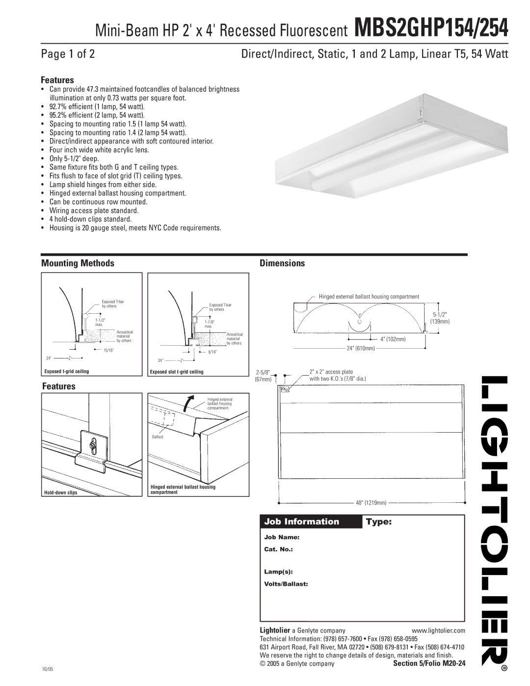 Lightolier MBS2GHP154, MBS2GHP254 dimensions Features, Mounting Methods, Job Information Type, Genlyte company 