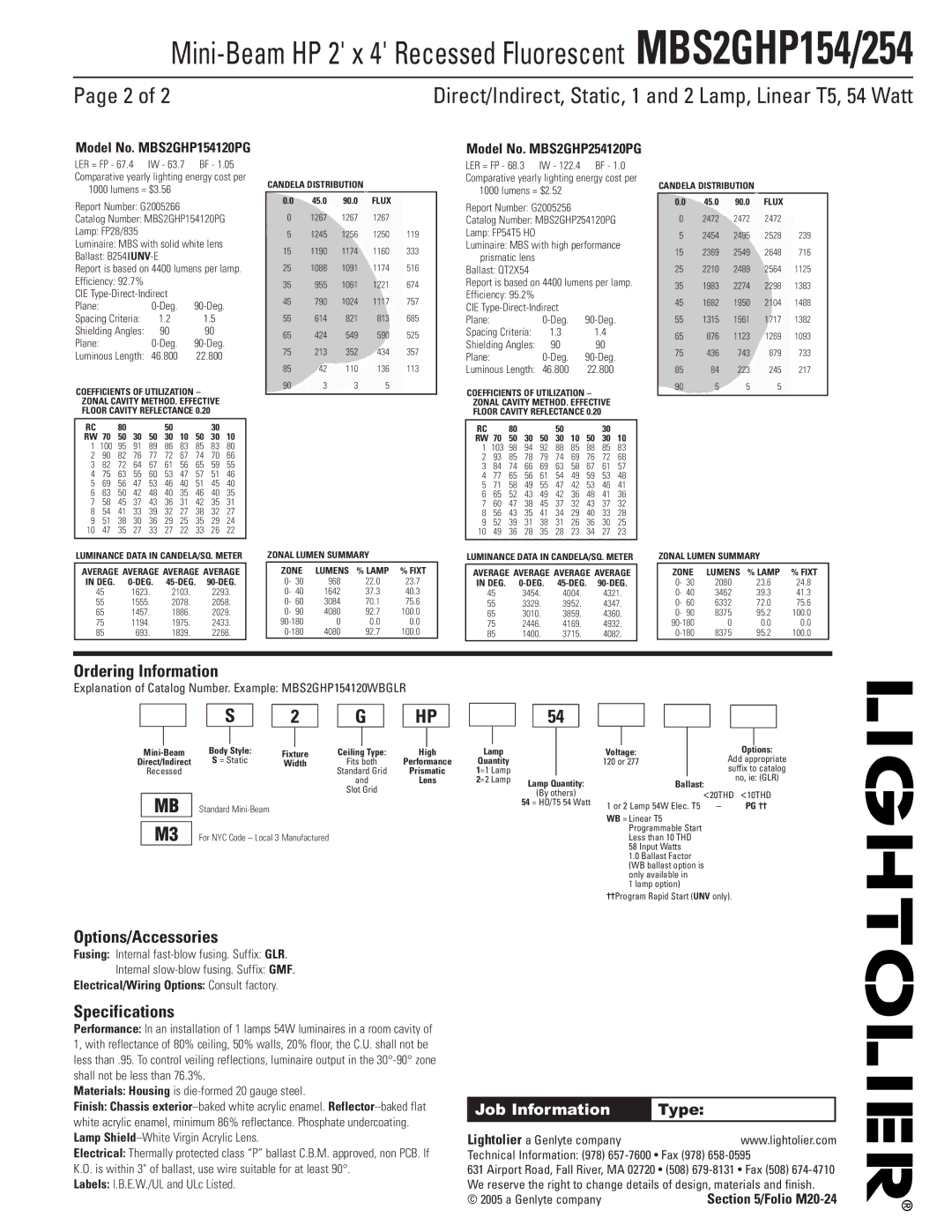 Lightolier MBS2GHP254, MBS2GHP154 dimensions Ordering Information, Options/Accessories, Specifications, Job Information 