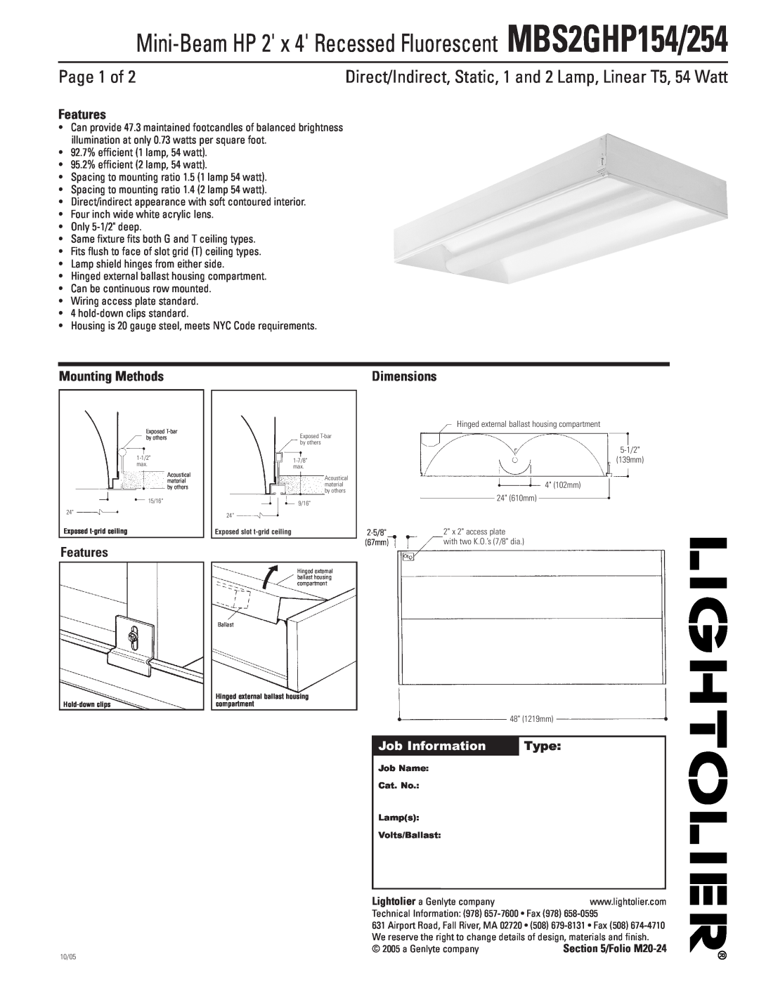 Lightolier MBS2GHP154, MBS2GHP254 dimensions Page 1 of, Features, Mounting Methods, Job Information, Type, Dimensions 