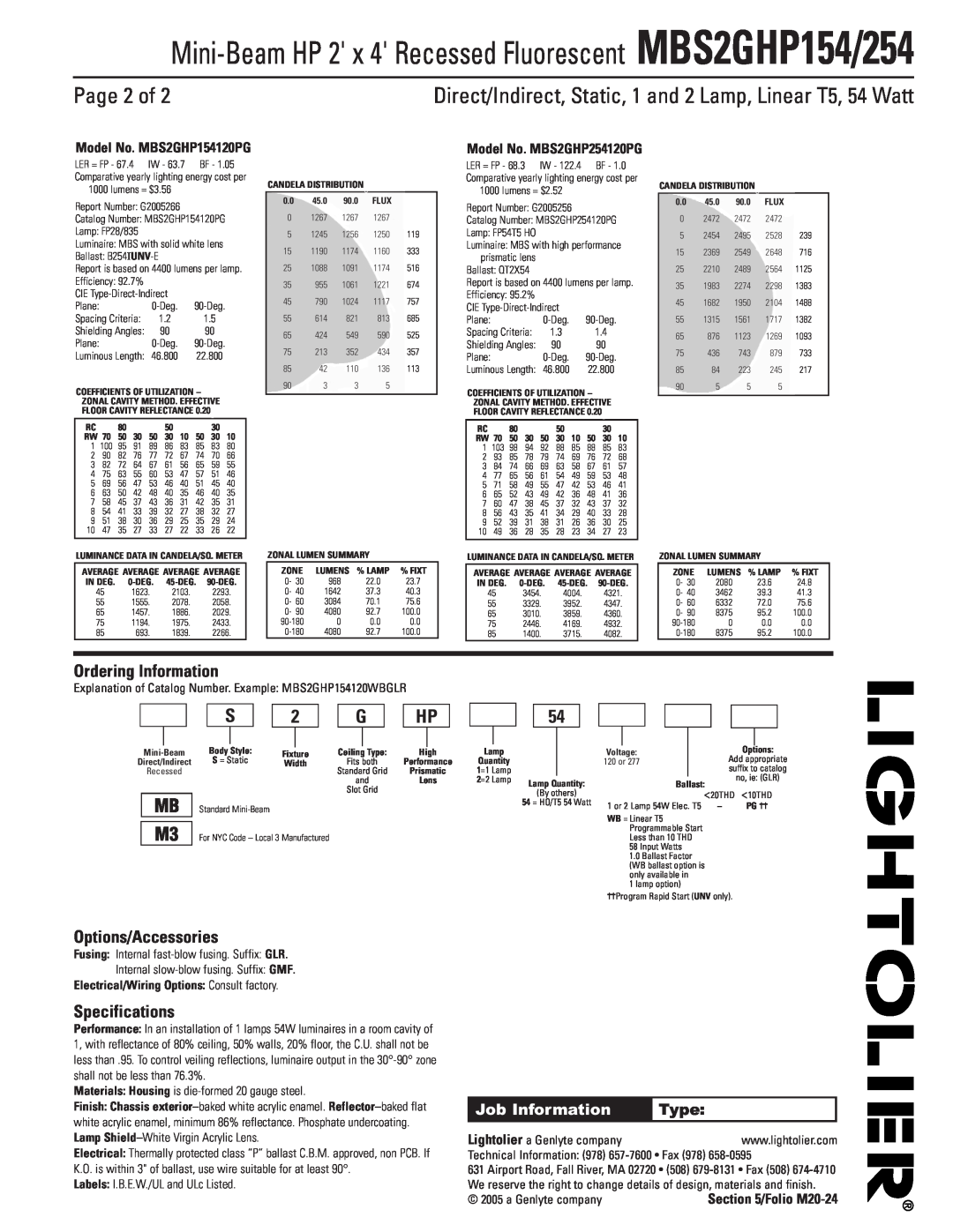 Lightolier MBS2GHP254 Page 2 of, Ordering Information, Options/Accessories, Specifications, Folio M20-24, Job Information 