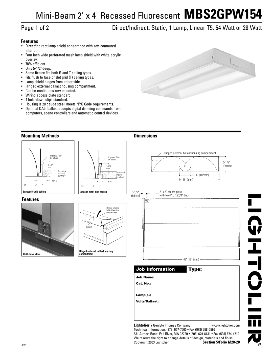 Lightolier MBS2GPW154 dimensions Features, Mounting Methods Dimensions, Job Information Type, Copyright 2003 Lightolier 