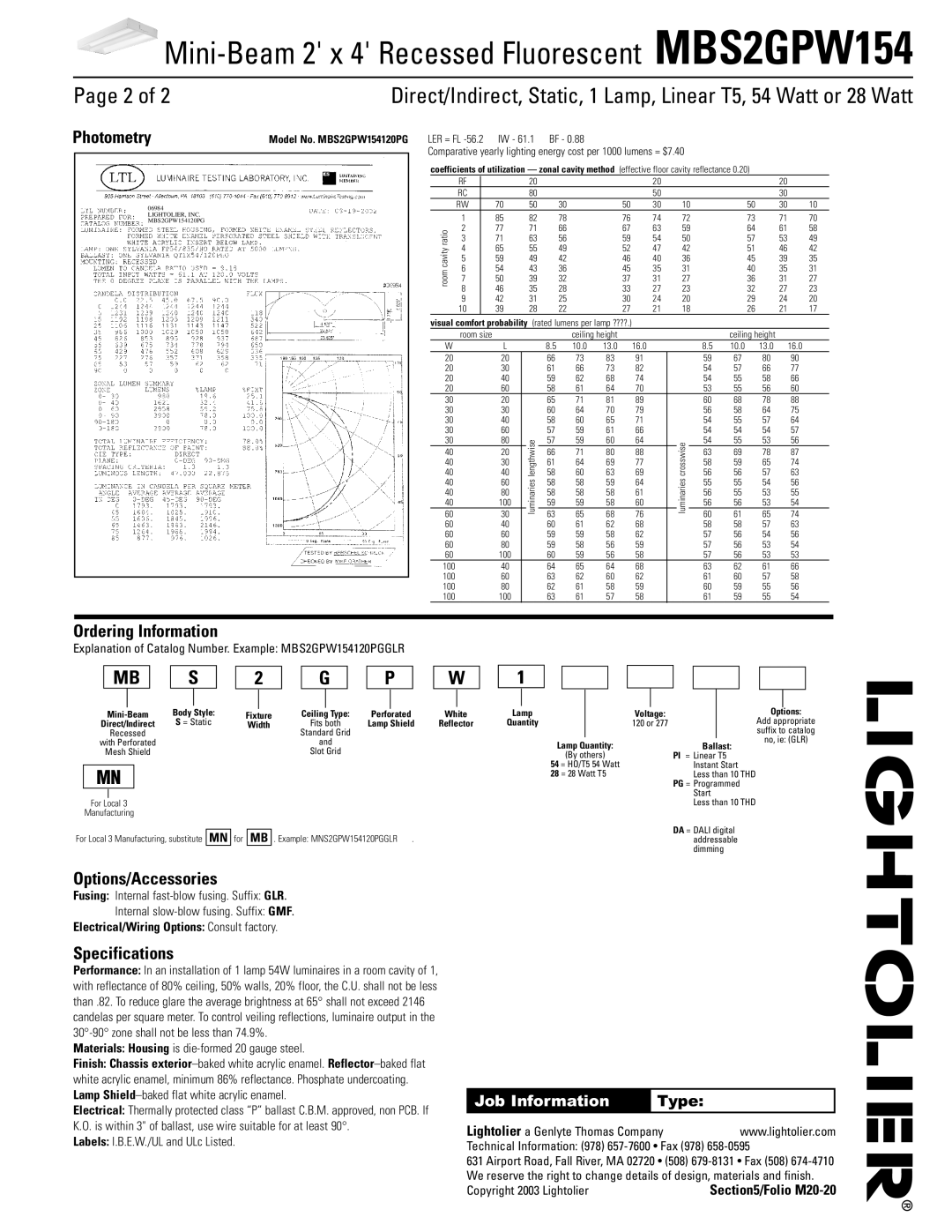 Lightolier MBS2GPW154 dimensions Photometry, Ordering Information, Options/Accessories, Specifications, Job Information 