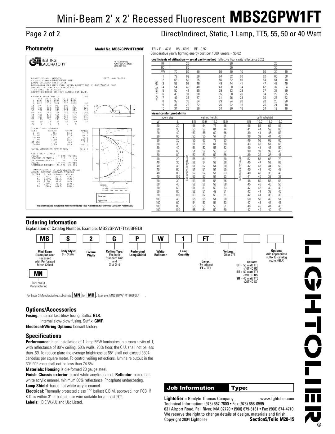 Lightolier MBS2GPW1FT Page 2 of, Photometry, Ordering Information, Options/Accessories, Specifications, Job Information 