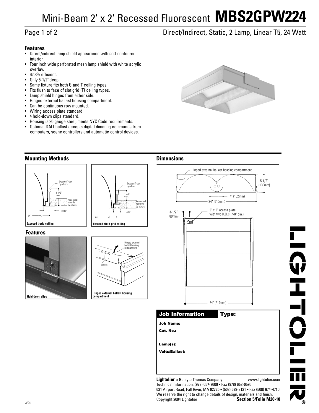 Lightolier MBS2GPW224 dimensions Page 1 of, Features, Mounting Methods, Dimensions, Job Information Type 