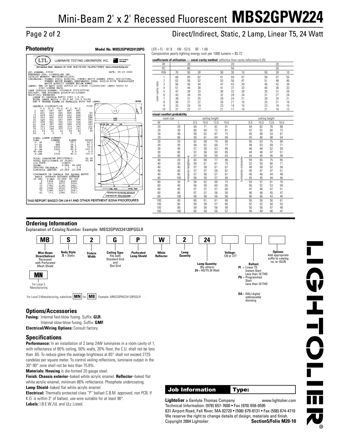 Lightolier MBS2GPW224 Page 2 of, Photometry, Ordering Information, Options/Accessories, Specifications, Job Information 