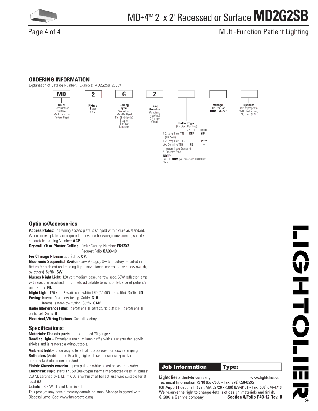 Lightolier MD2G2SB dimensions Ordering Information, Options/Accessories, Specifications, Job Information 