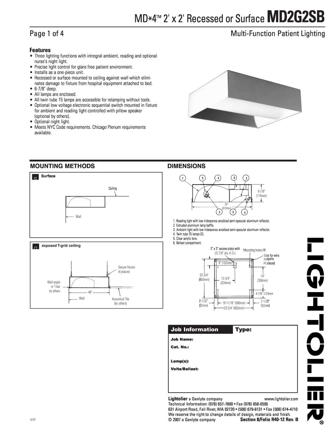 Lightolier dimensions MD*4TM 2 x 2 Recessed or Surface MD2G2SB, Page 1 of, Multi-FunctionPatient Lighting, Features 