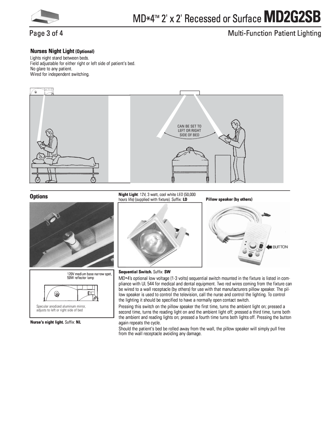 Lightolier dimensions Page 3 of, Nurses Night Light Optional, Options, MD*4TM 2 x 2 Recessed or Surface MD2G2SB 