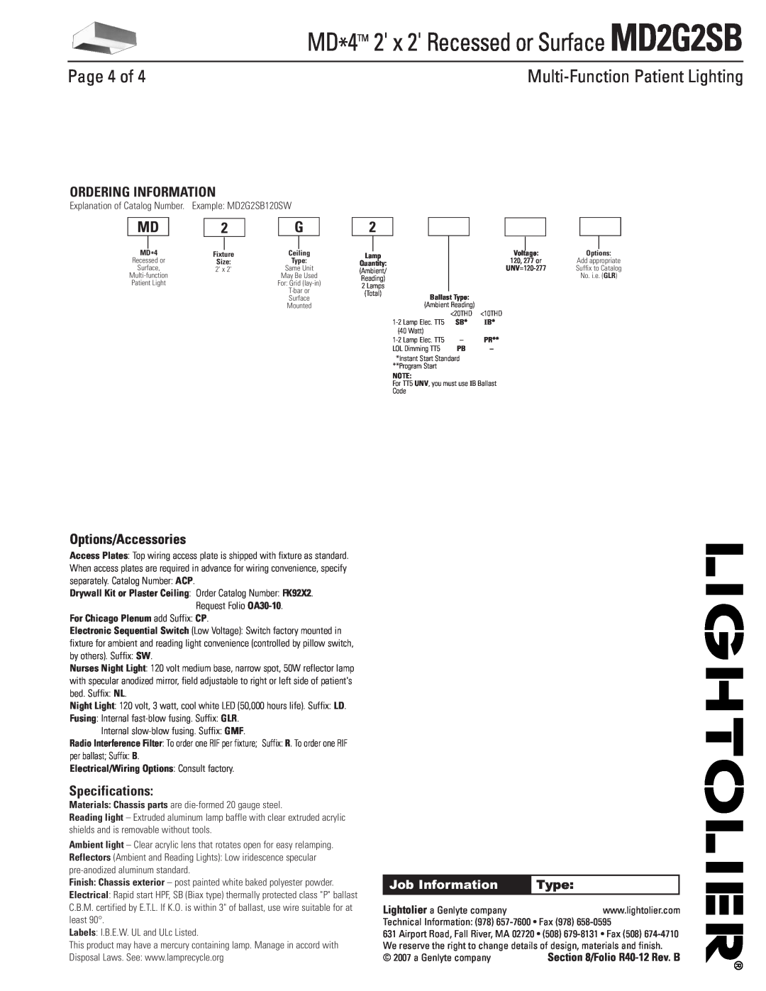 Lightolier MD2G2SB Page 4 of, Ordering Information, Options/Accessories, Specifications, Multi-FunctionPatient Lighting 