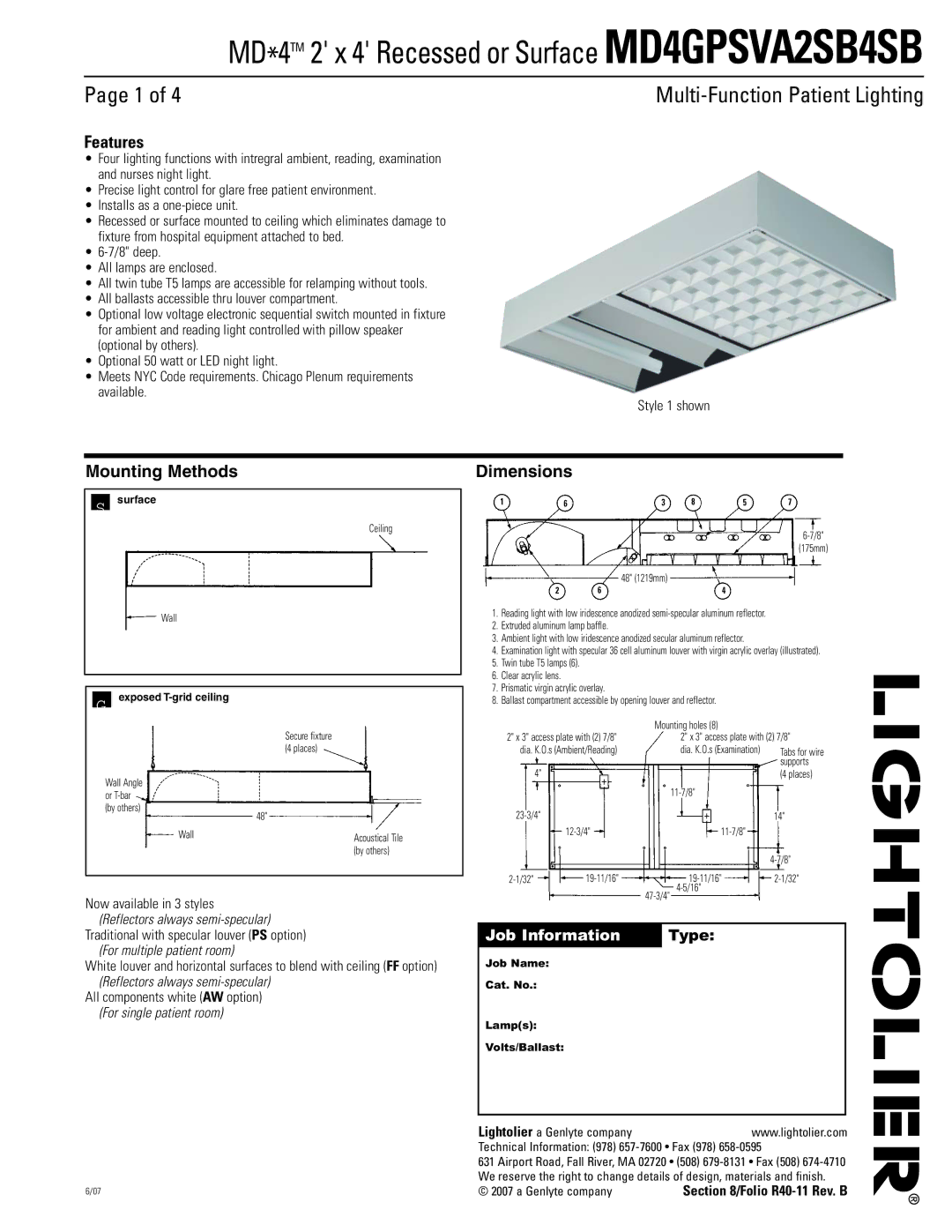 Lightolier MD4GPSVA2SB4SB dimensions Features, Mounting Methods Dimensions, Job Information Type, 163 85 