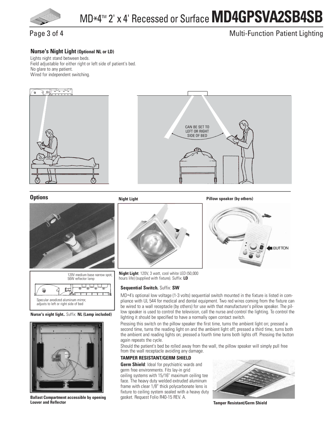 Lightolier MD4GPSVA2SB4SB dimensions Nurses Night Light Optional NL or LD, Options 