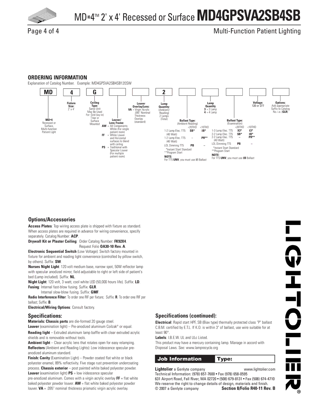 Lightolier MD4GPSVA2SB4SB dimensions Options/Accessories, Specifications, Job Information 