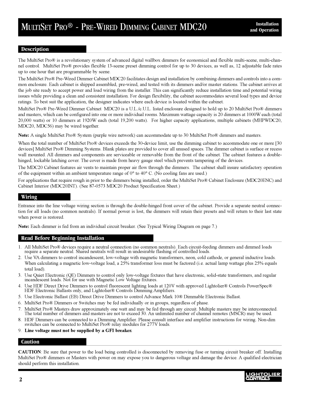 Lightolier MDC20 manual Description, Wiring, Read Before Beginning Installation 