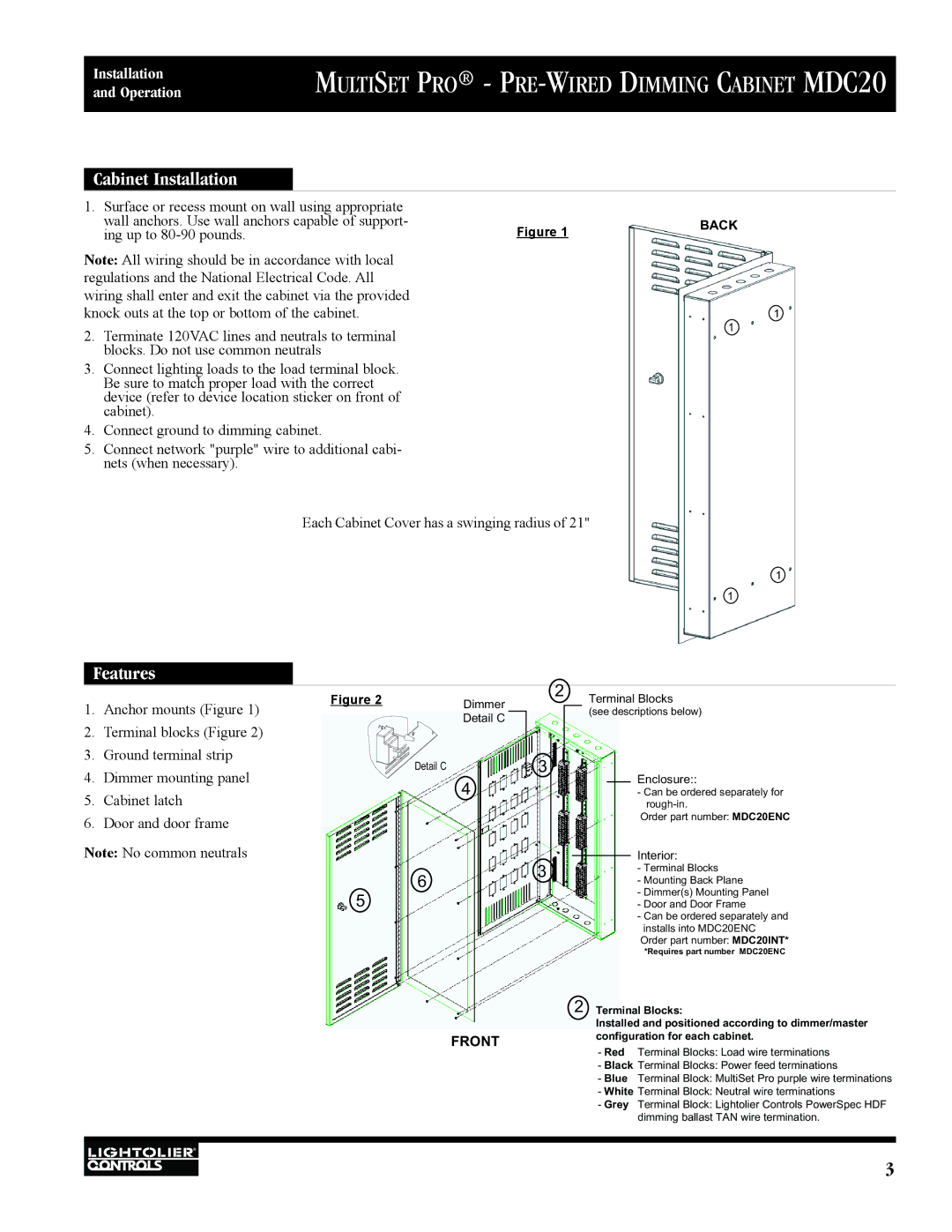 Lightolier MDC20 manual Cabinet Installation, Features 