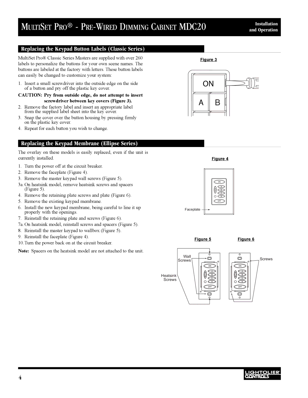 Lightolier MDC20 manual Replacing the Keypad Button Labels Classic Series, Replacing the Keypad Membrane Ellipse Series 