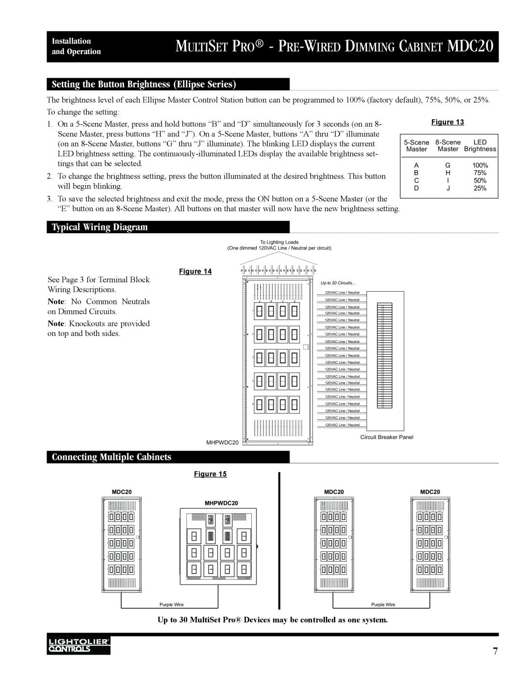 Lightolier MDC20 manual Setting the Button Brightness Ellipse Series, Typical Wiring Diagram, Connecting Multiple Cabinets 