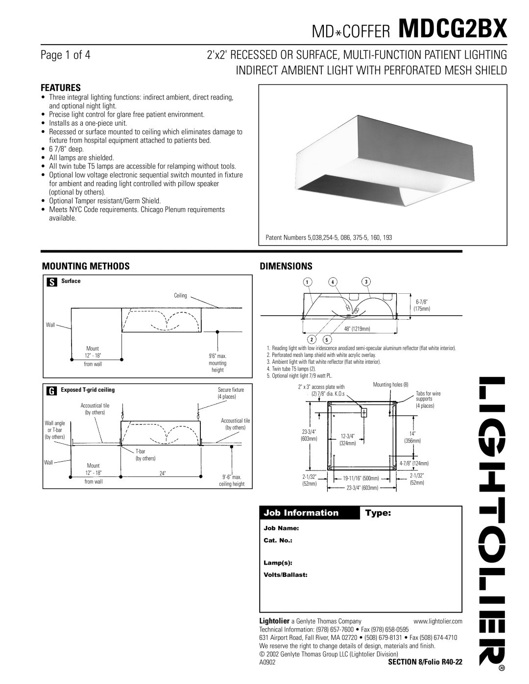 Lightolier dimensions MD*COFFER MDCG2BX, Features, Mounting Methods, Dimensions, Job Information 