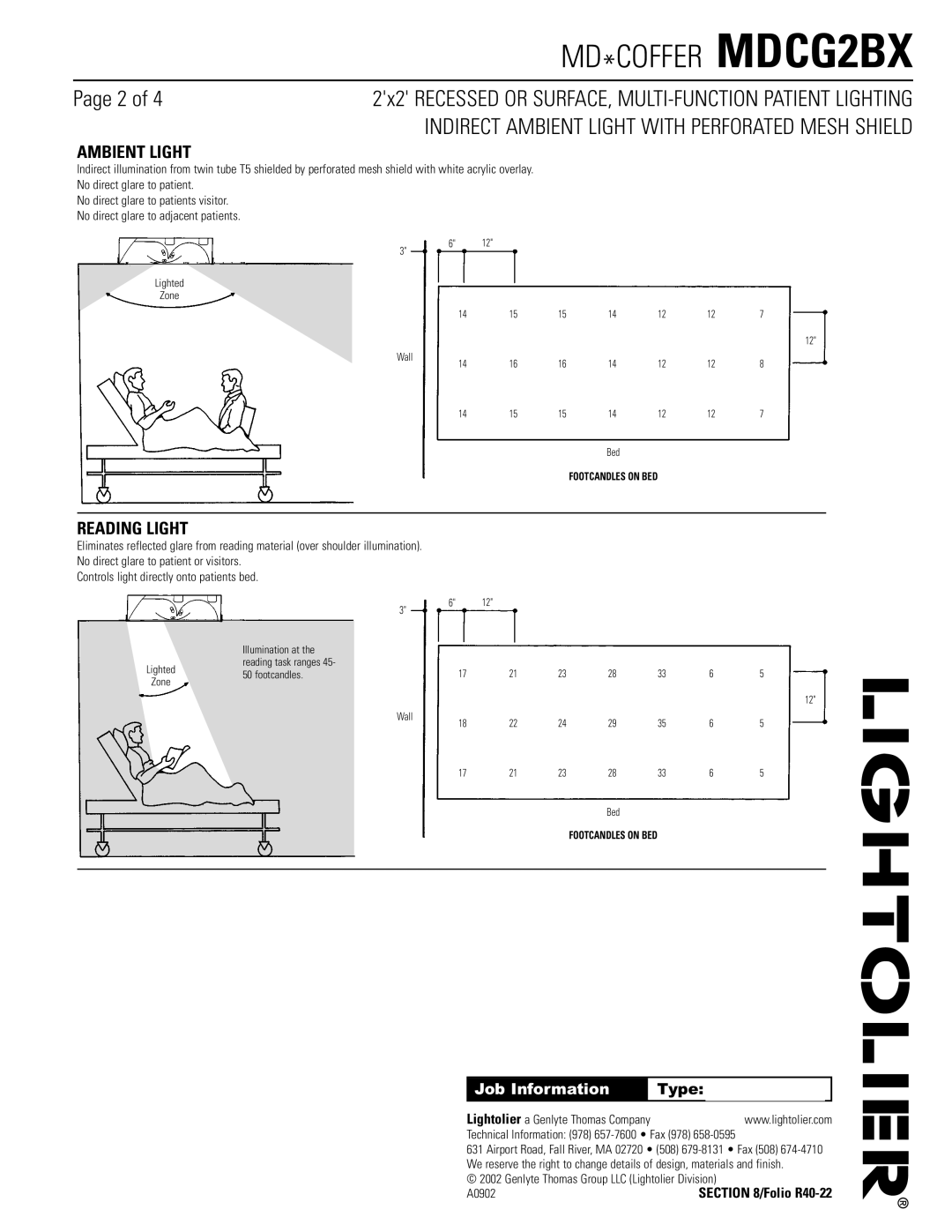 Lightolier MDCG2BX dimensions Ambient Light, Reading Light, Job Information Type 