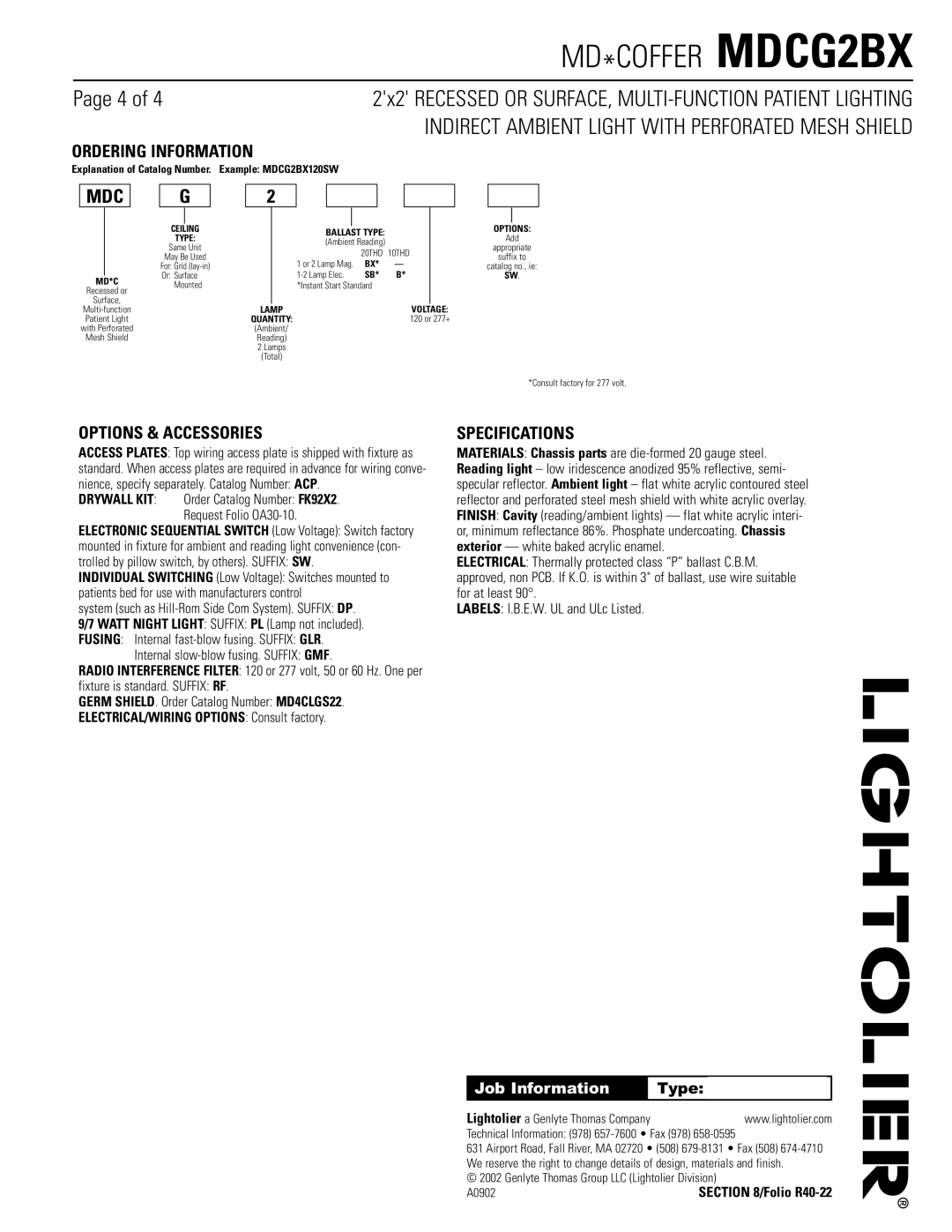 Lightolier dimensions MD *COFFER MDCG2BX, Ordering Information, Options & Accessories, Specifications 