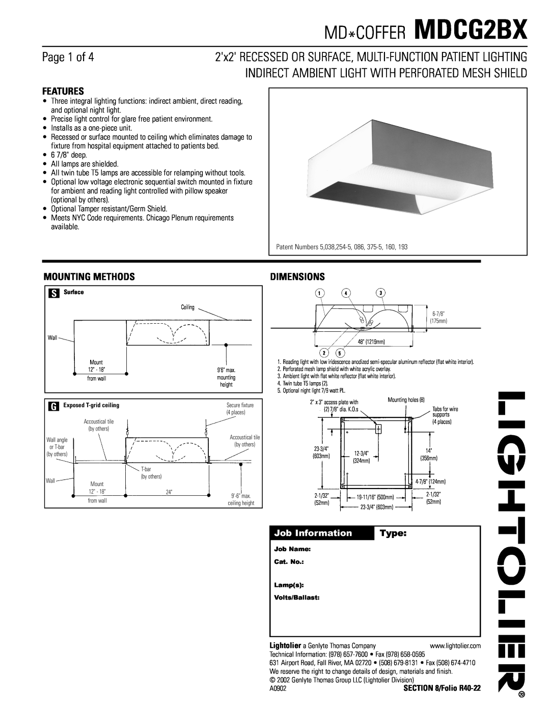Lightolier dimensions MD*COFFER MDCG2BX, Page 1 of, Features, Mounting Methods, Dimensions, Job Information, Type 