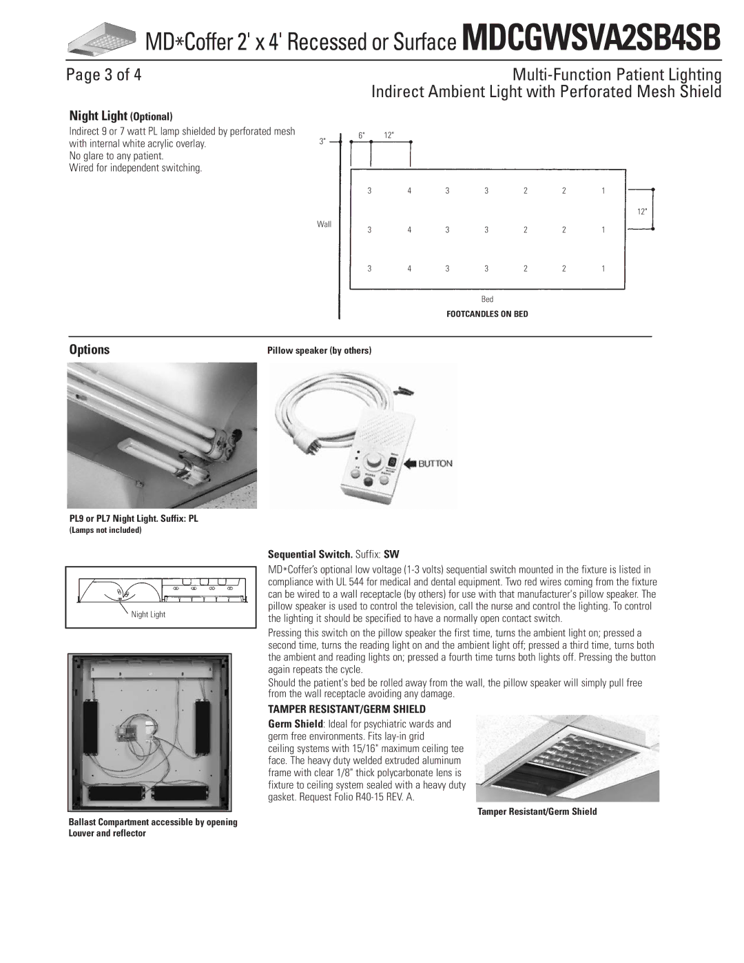 Lightolier dimensions MD*Coffer 2 x 4 Recessed or Surface MDCGWSVA2SB4SB, Night Light Optional, Options 