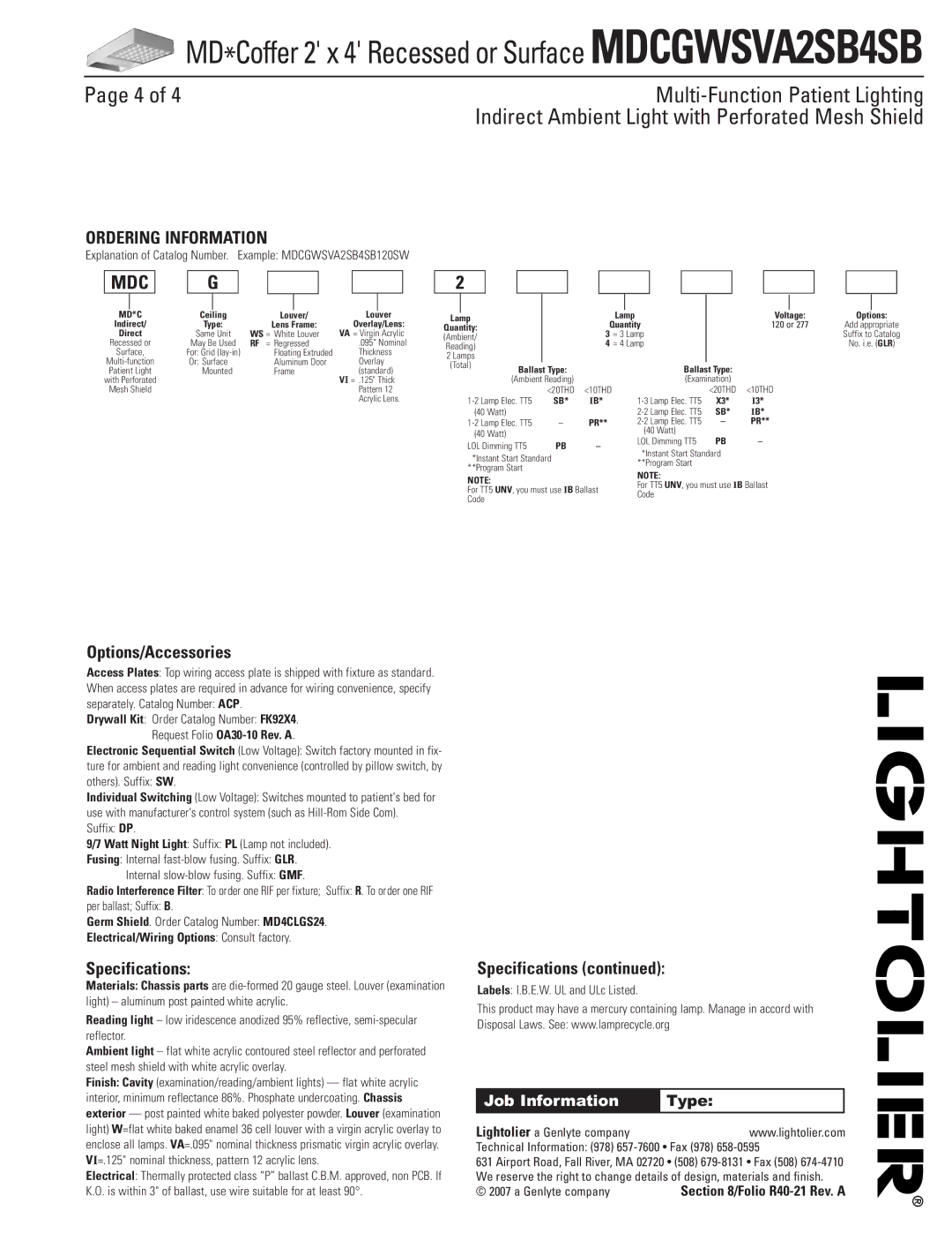 Lightolier MDCGWSVA2SB4SB dimensions Options/Accessories, Specifications 