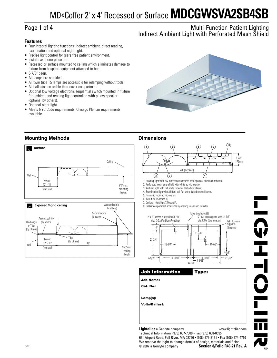 Lightolier MDCGWSVA2SB4SB dimensions Page 1 of, Multi-FunctionPatient Lighting, Features, Mounting Methods, Dimensions 