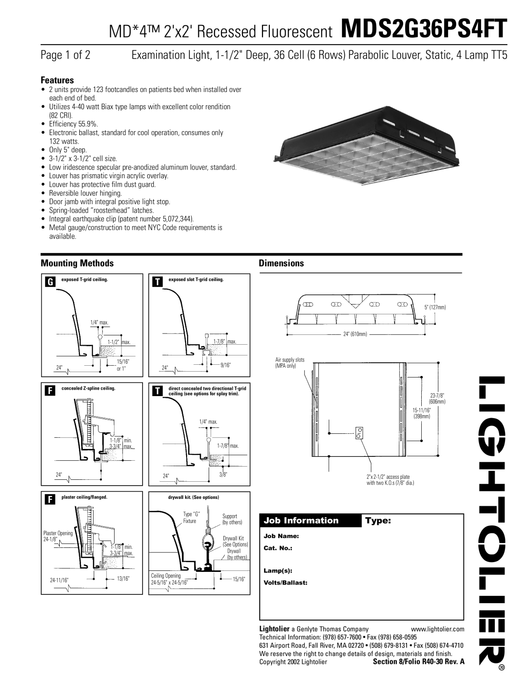 Lightolier MDS2G36PS4FT dimensions Features, Mounting Methods, Dimensions, Job Information Type 