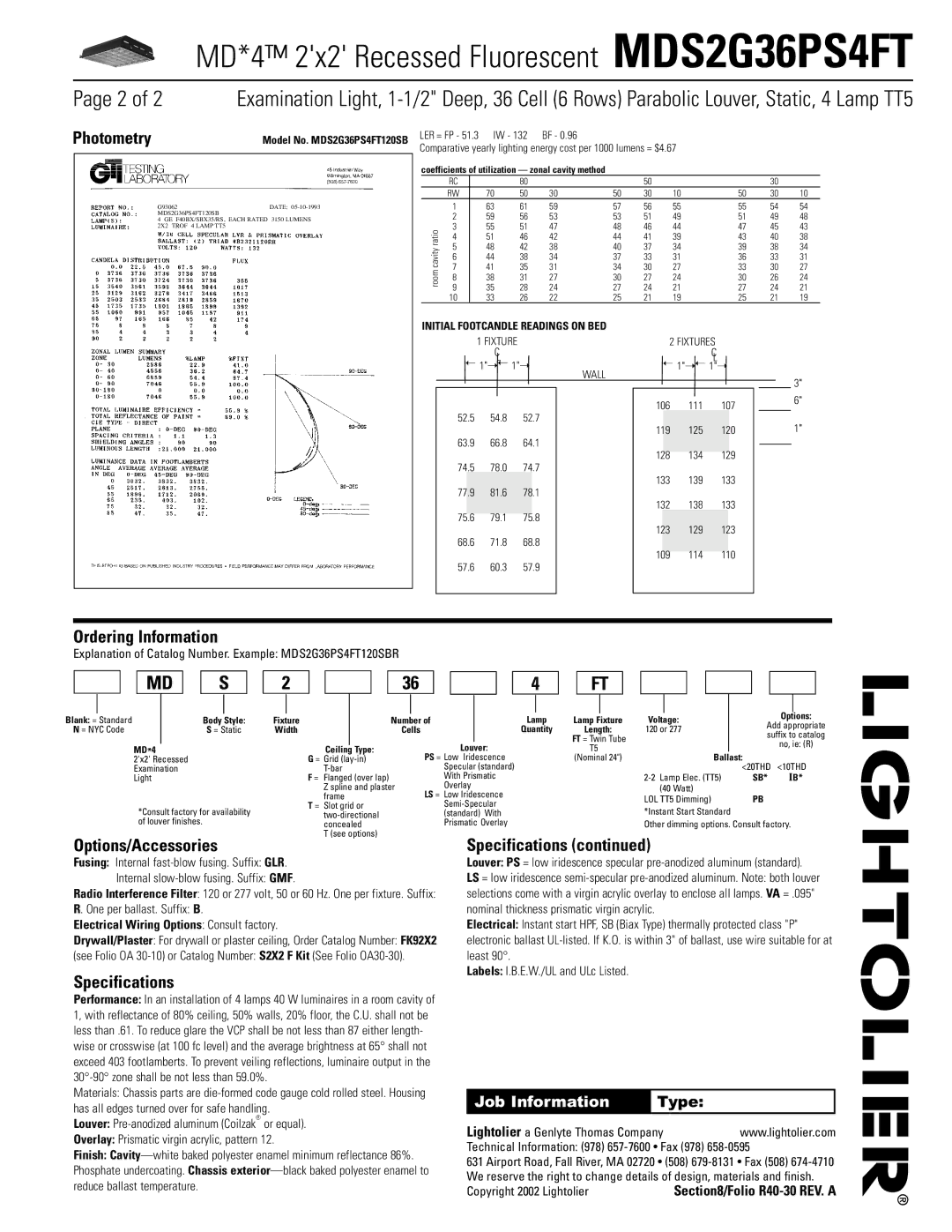 Lightolier MDS2G36PS4FT dimensions Photometry, Ordering Information, Options/Accessories, Specifications, Job Information 