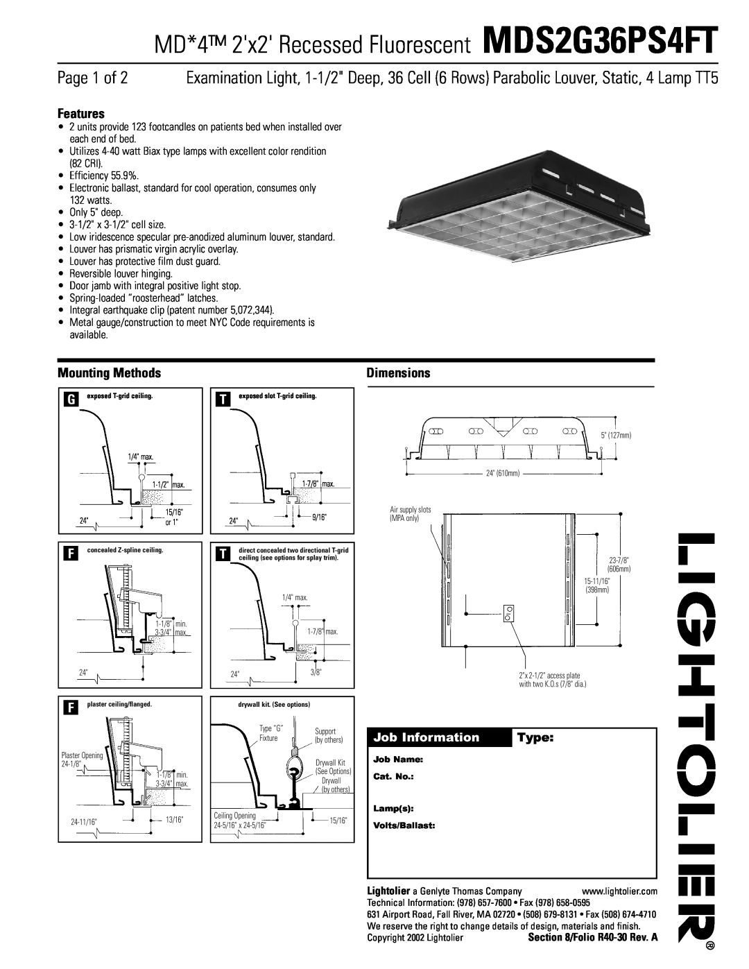 Lightolier dimensions MD*4 2x2 Recessed Fluorescent MDS2G36PS4FT, Page 1 of, Features, Mounting Methods, Dimensions 