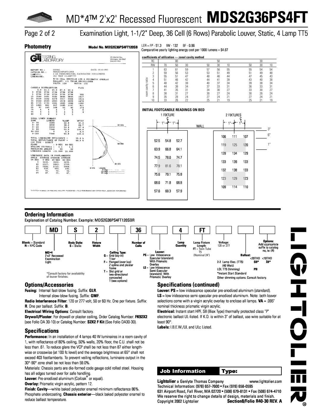 Lightolier MDS2G36PS4FT Page 2 of, Photometry, Ordering Information, Options/Accessories, Specifications continued, Type 