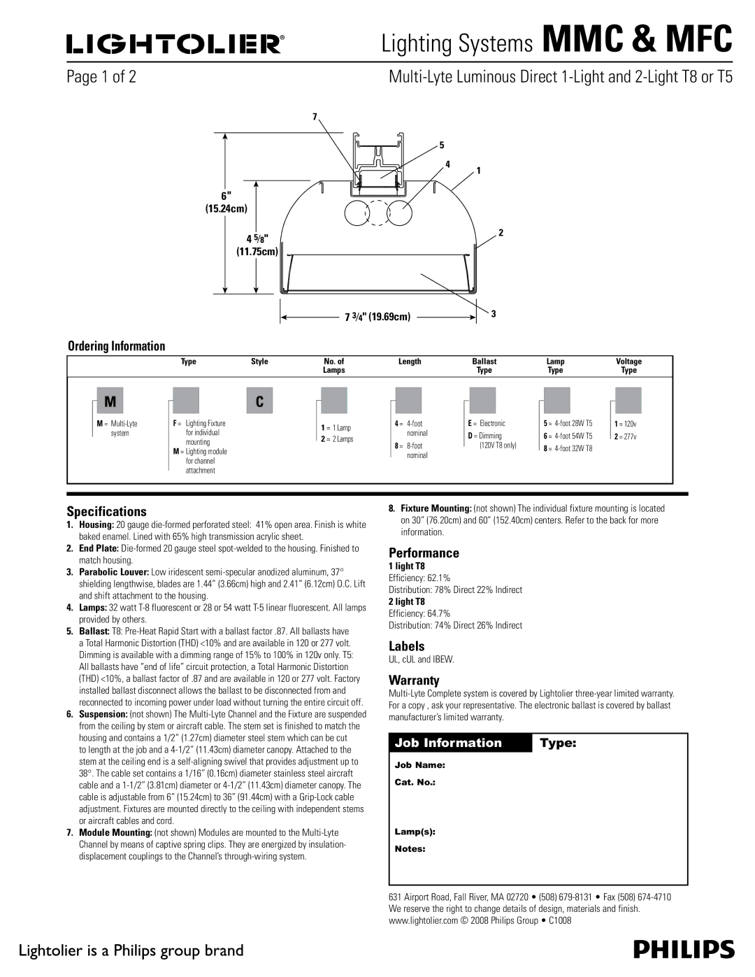 Lightolier MMC, MFC specifications Ordering Information, Specifications, Performance, Labels, Warranty 