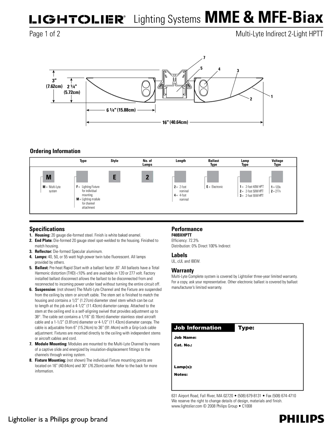 Lightolier MFE-Biax specifications Ordering Information, Specifications, Performance, Labels, Warranty 