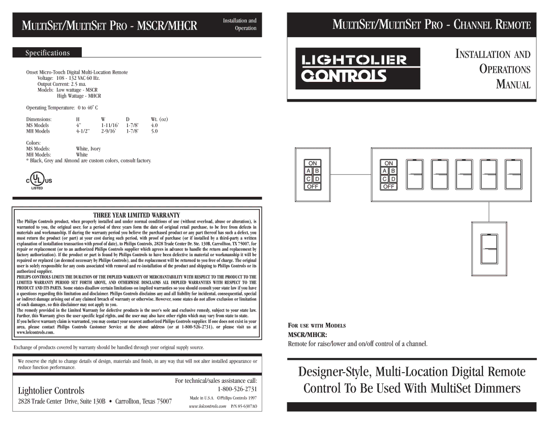 Lightolier MHCR specifications Multiset/Multiset Pro Mscr/Mhcr, Specifications 