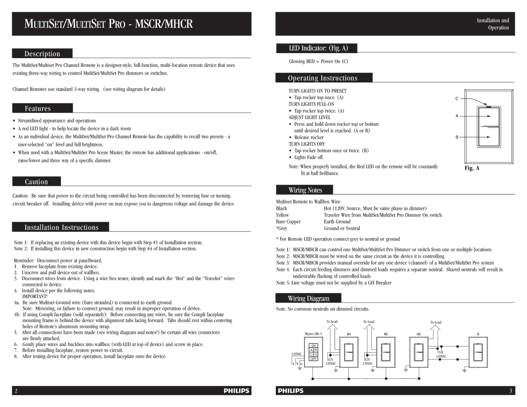 Lightolier MHCR Description, Features, Installation Instructions, LED Indicator Fig. a, Operating Instructions 