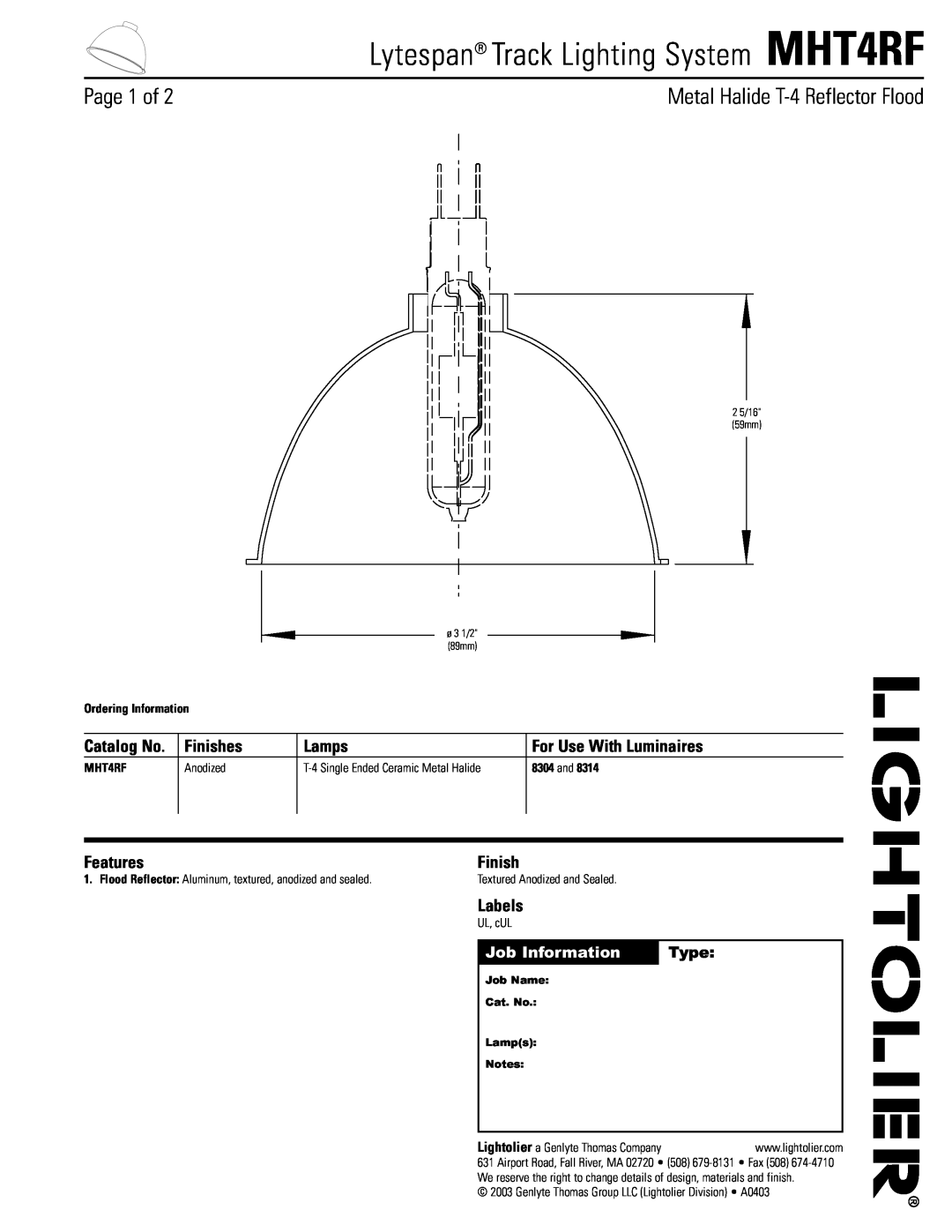 Lightolier manual Lytespan Track Lighting System MHT4RF, Finishes, Lamps, For Use With Luminaires, Features, Labels 