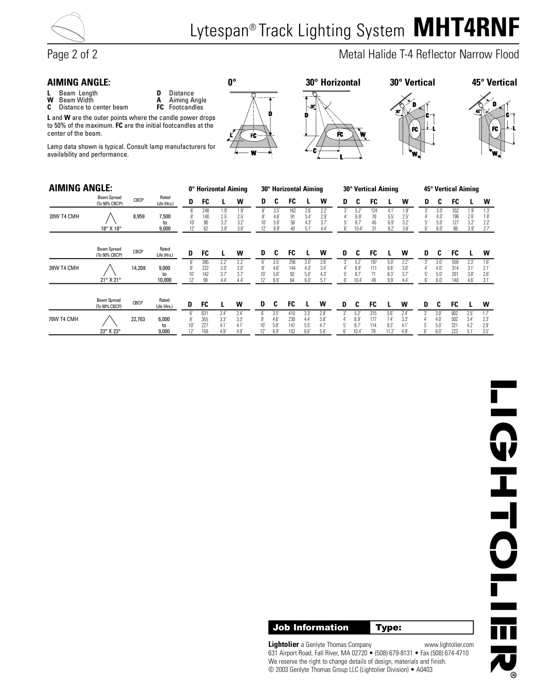 Lightolier MHT4RNF manual Metal Halide T-4 Reflector Narrow Flood, Aiming Angle, Horizontal Vertical 