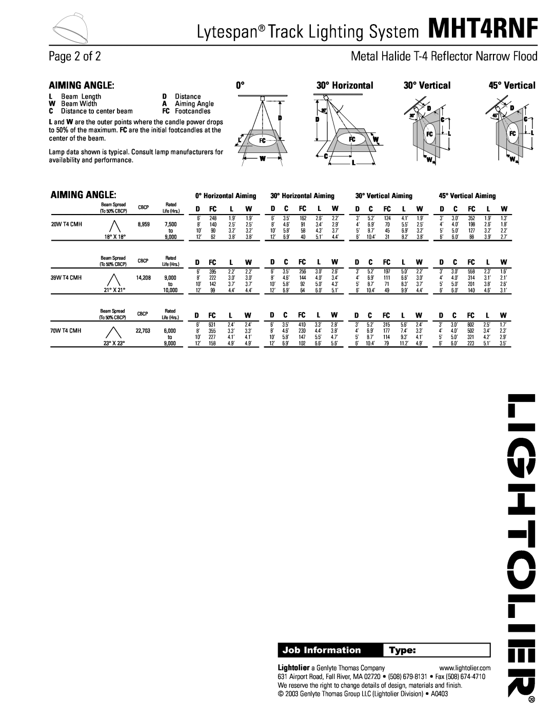 Lightolier MHT4RNF Metal Halide T-4Reflector Narrow Flood, Aiming Angle, Horizontal, Vertical, Page 2 of, Job Information 