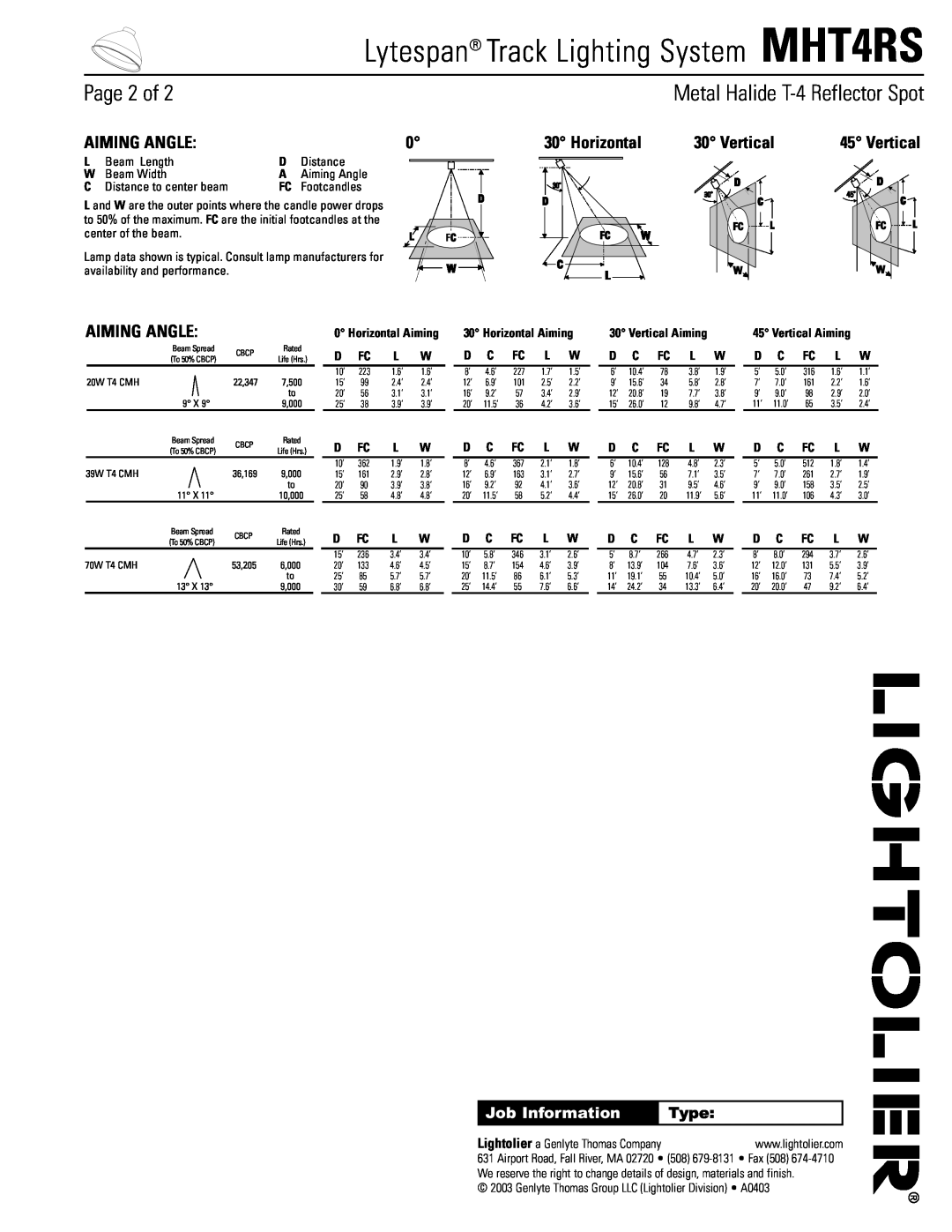 Lightolier MHT4RS Metal Halide T-4Reflector Spot, Aiming Angle, Horizontal, Vertical, Page 2 of, Job Information, Type 