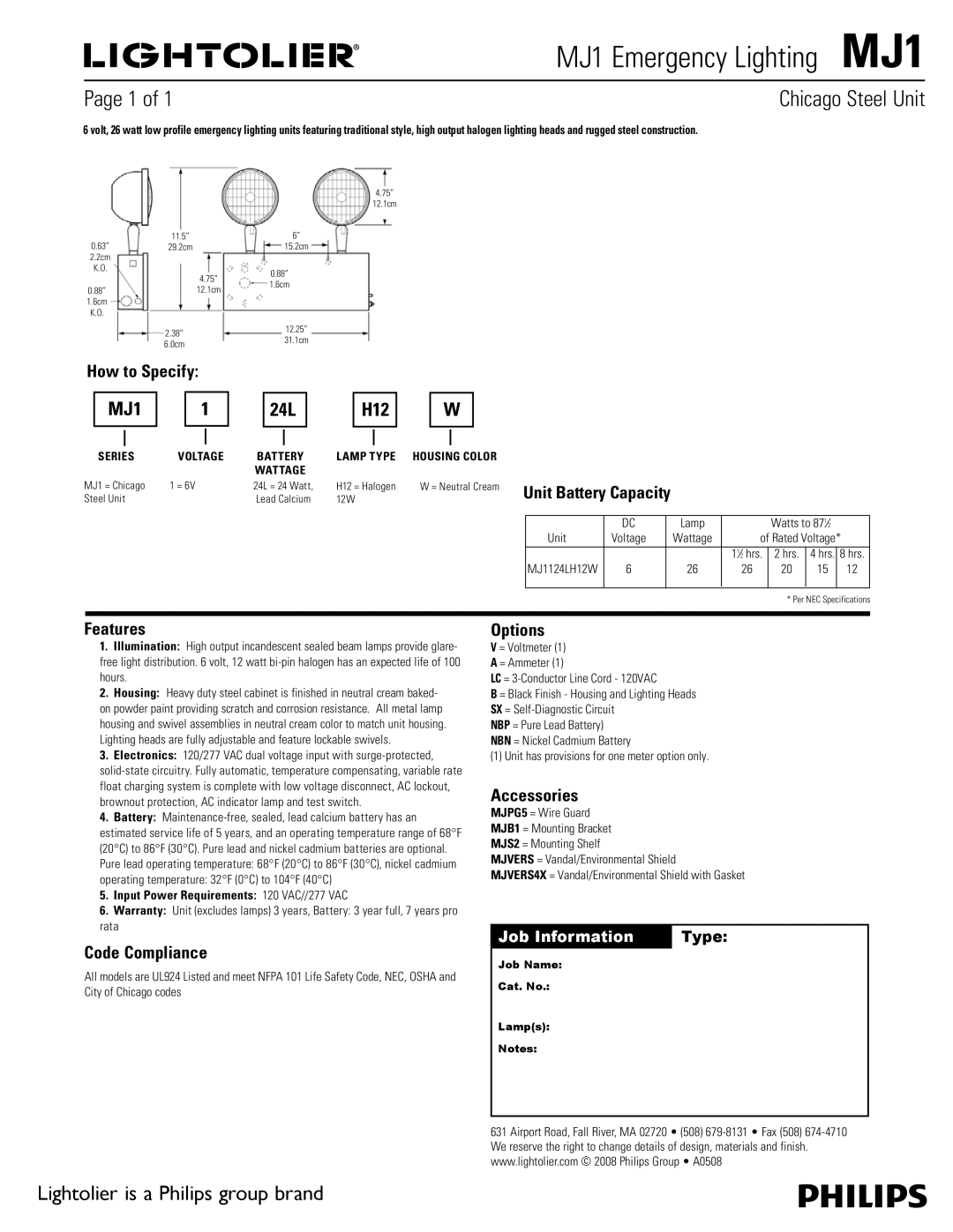 Lightolier warranty MJ1 Emergency Lighting MJ1, Chicago Steel Unit, 24L H12 