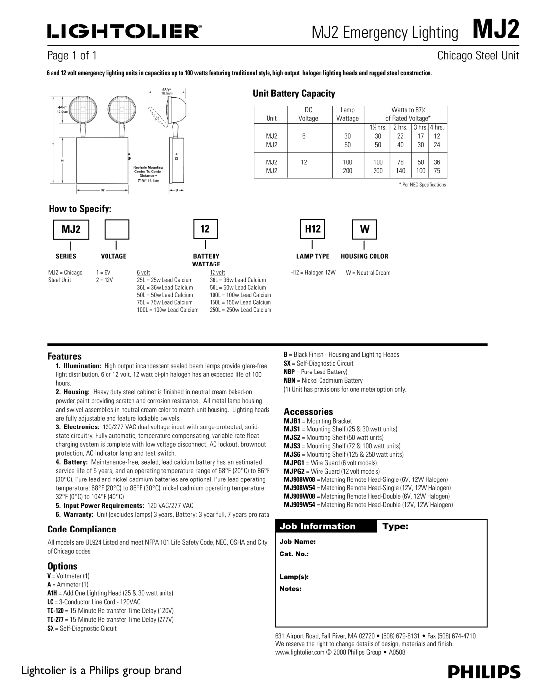 Lightolier MJ2 warranty Unit Battery Capacity, How to Specify, Features, Accessories, Code Compliance, Options 