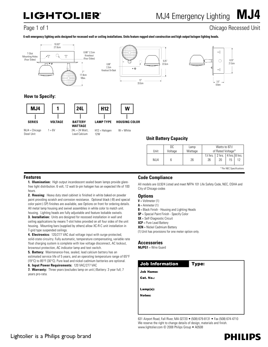 Lightolier warranty MJ4 Emergency Lighting MJ4, Chicago Recessed Unit, 24L H12 